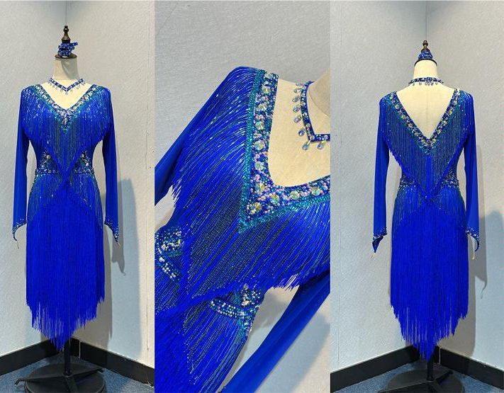 53L Cobalt Blue Competition Latin Dance Dress. Very full fringed skirts with bead droppers to the upper chest & Hip in a contrasting turquoise blue. Heavily stoned in Sapphire & Light Sapphire. ❤️Showroom Appointments Available❤️