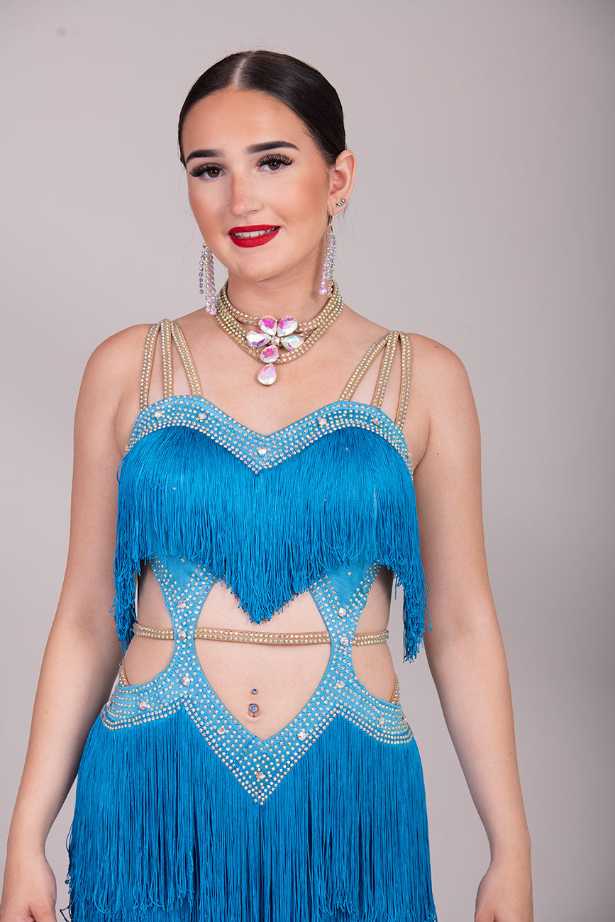 (BUDGET)18 Blue Latin Competition Dance Dress.Full Fringed Skirts with shoulder & waist detailing.2 Bangles included.                                     *****Our New Budget Range are Bought in ready made Costumes, with some detail added by TWDance*****