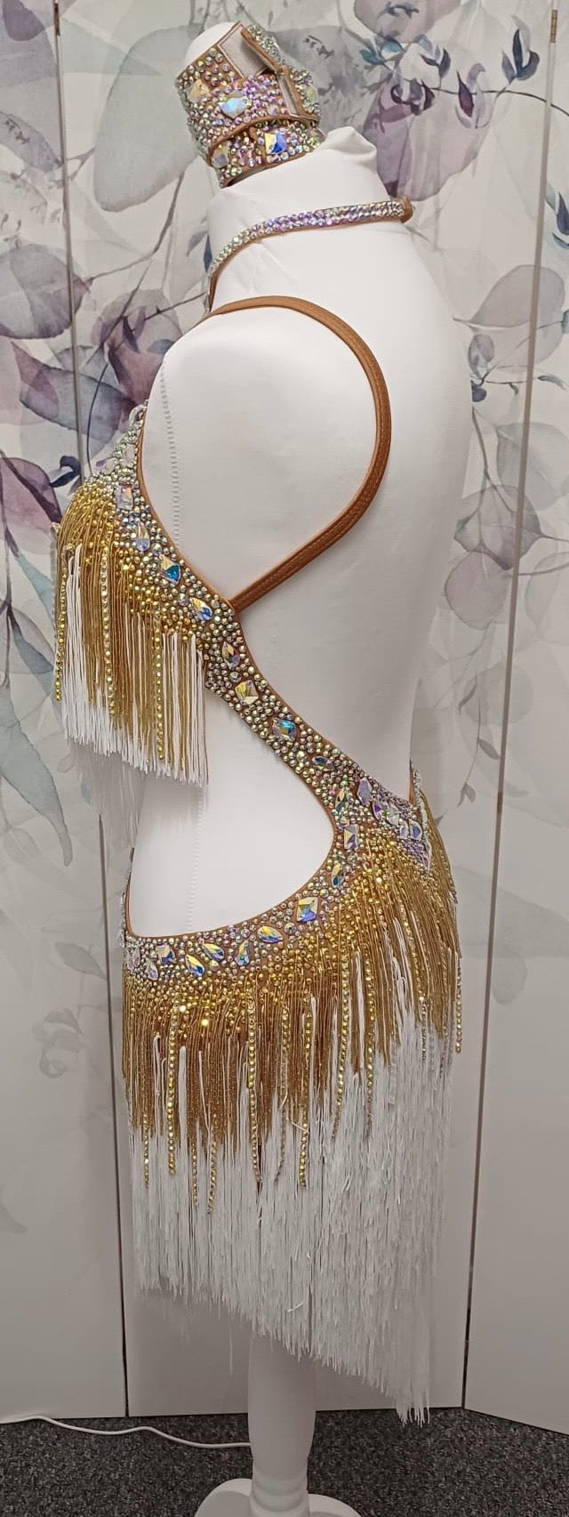 002 White & Gold full fringed Competition Latin Dance Dress. Heavily stoned with Gold & AB. Comes with Armbands & Bracelets. Very full fringes with stoned fabric strips added.