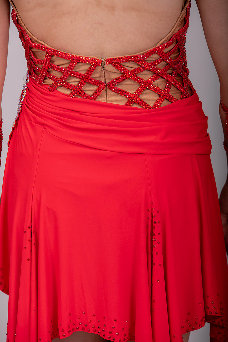 13L Red Fishnet & Flesh Competition Latin/Rhythm Dress. Heavily stoned in Light Siam & AB with decorative side panel.