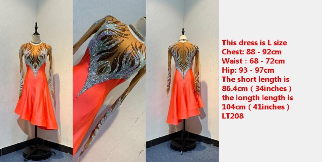 228 Orange & Tan Latin Dress. Heavy decoration design to the front & back. Small split to the left front side. High back with zip. Stoned in smoked topaz & AB