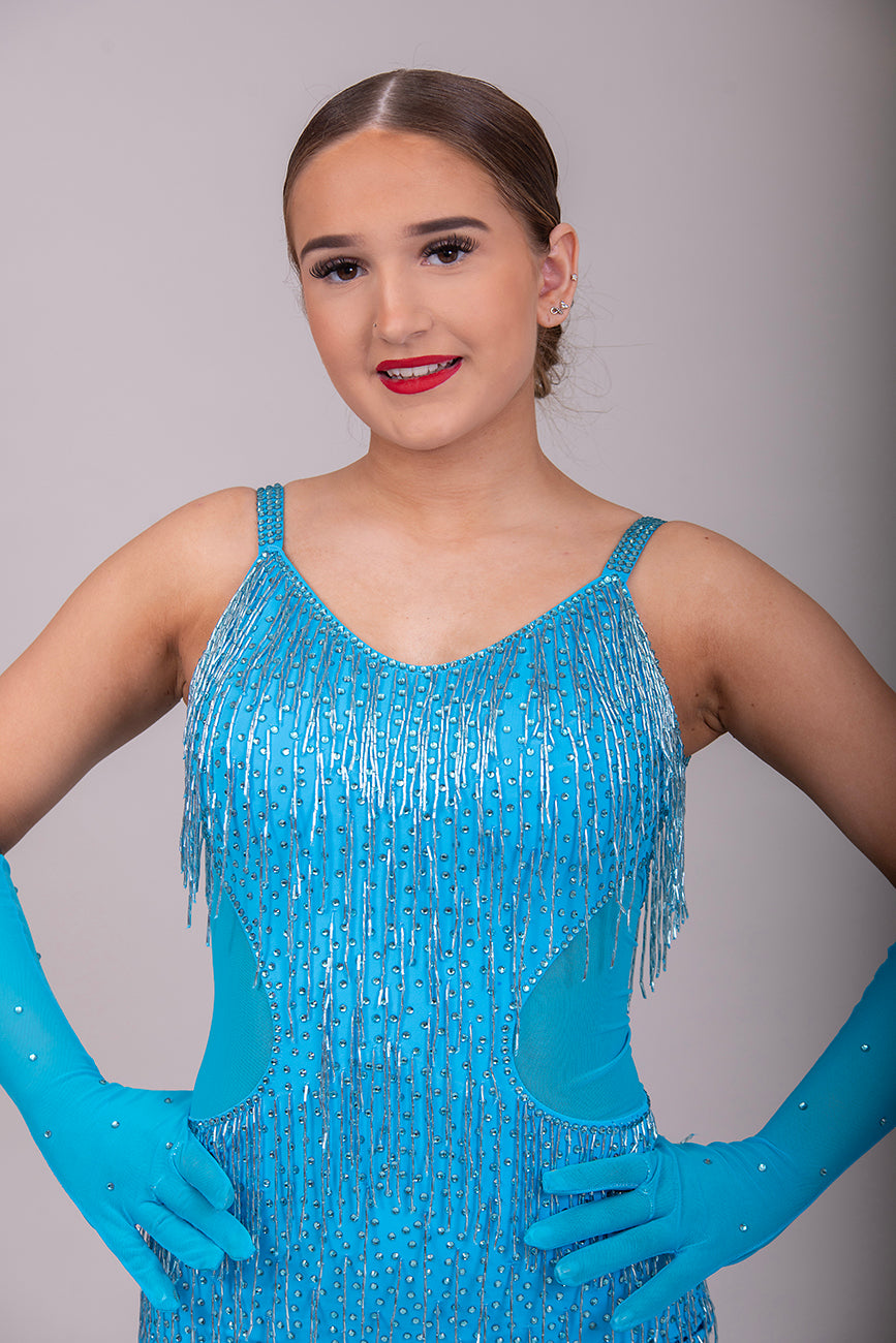 (BUDGET)6 Turquoise Latin Competition Dance Dress. Bead Droppers & stones. Comes with long finger gloves                                     *****Our New Budget Range are Bought in ready made Costumes, with some detail added by TWDance*****
