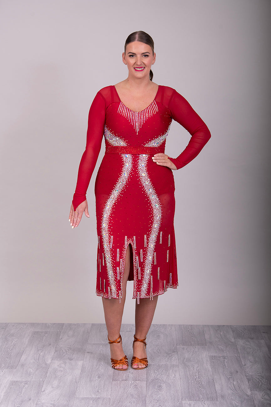 066 Wine Competition Latin Dance Dress. Heavily stoned in AB & Dark Siam Stones. Comes with optional belt.