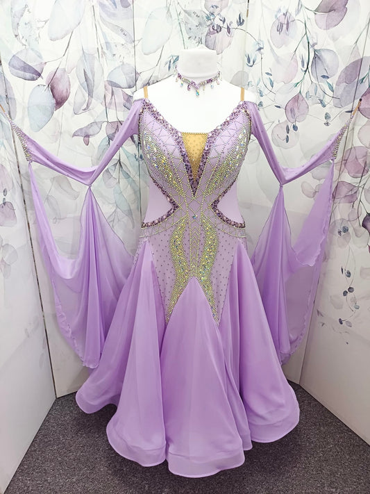 32B Lilac Competition Ballroom/Sequence Dance Dress. Detachable Floats. Detailed stone pattern in AB, Amethyst, Amethyst AB & purple velvet.  High Back to give option of wearing own bra