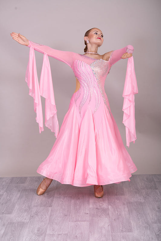 44B TWD PETITE Pale Pink Competition Ballroom/Sequence Dress. Cold shoulder sleeve to 1 side. Heavily Stoned in AB & Light Rose ❤️Showroom Appointments Available❤️