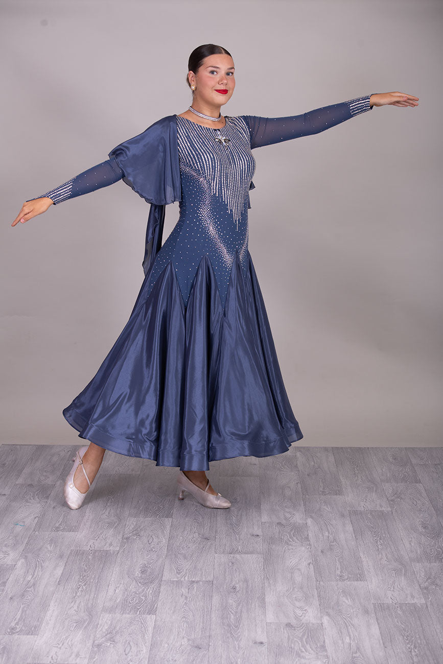 20B Blue/Grey/Steel Coloured Ballroom/Sequence Competition Dance Dress. Cape Detail to front & Shoulders. Stoned in Crystal & Blue Lotus Purple