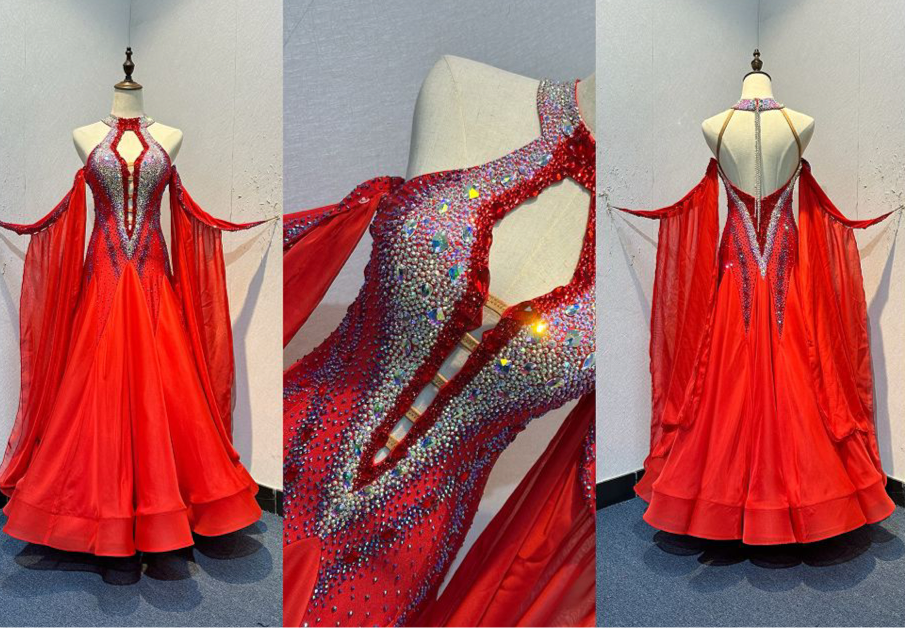 61B Bright Red Competition Ballroom/Sequence Dance Dress. Open detailing to the centre front, heavily stoned in Light Siam, AB & Siam AB. Beautiful Key hoke detail at neck. ❤️Showroom Appointments Available❤️