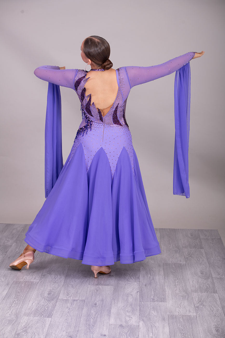 128 Lilac Ballroom Dress with detachable floats. Detailing to the front chest & Back stoned in Amethyst, Light Amethyst & Purple