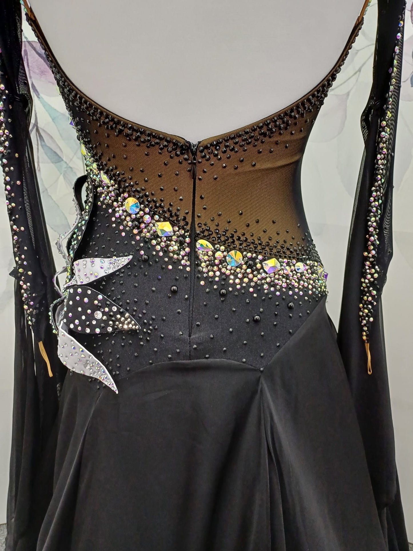 58B Gorgeous Black Ballroom/Sequence Competition Dance Dress. 3D Design to right side of bodice. Heavily stoned in jet & AB. ❤️Showroom Appointments Available ❤️