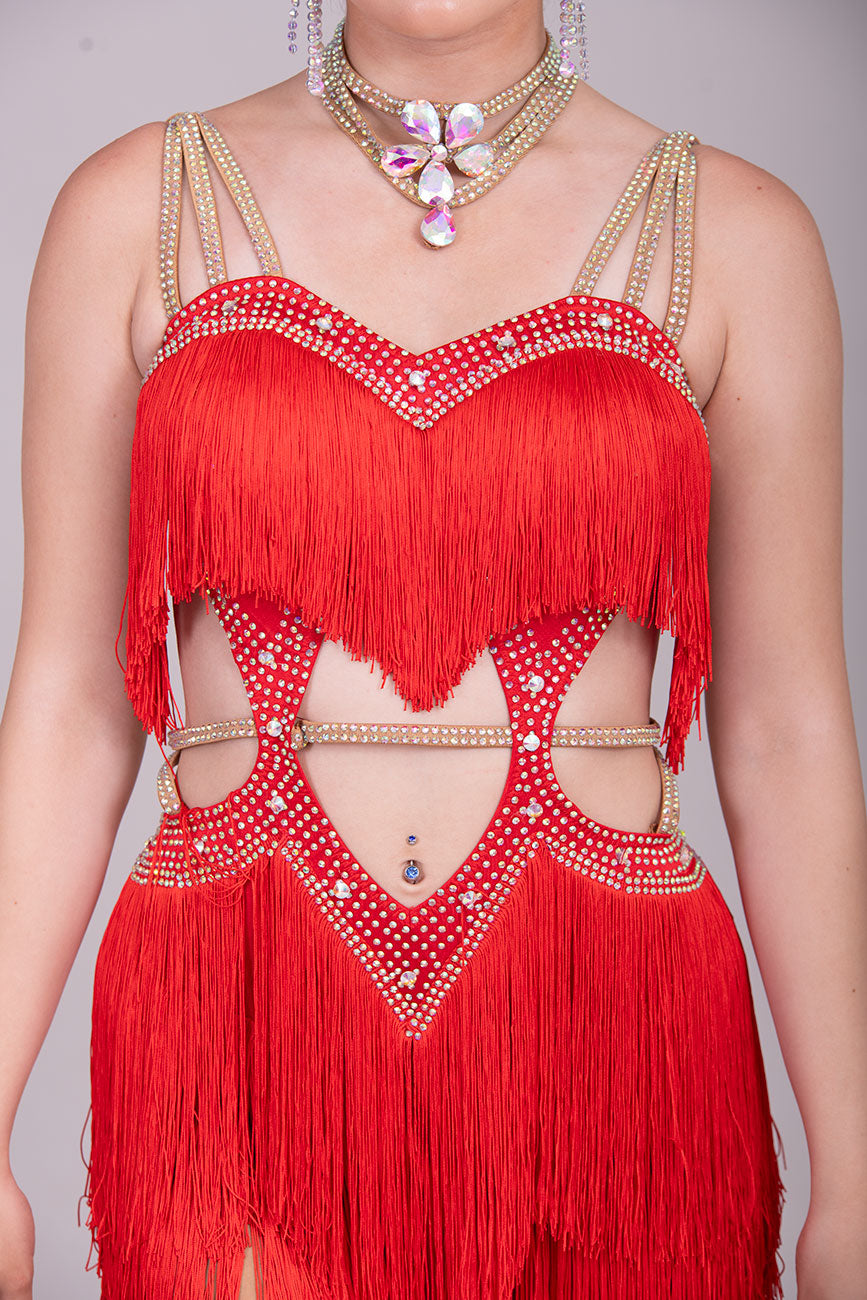 (BUDGET)17 Red Latin Competition Dance Dress.Full Fringed Skirts with shoulder & waist detailing.2 Bangles included.                                     *****Our New Budget Range are Bought in ready made Costumes, with some detail added by TWDance*****