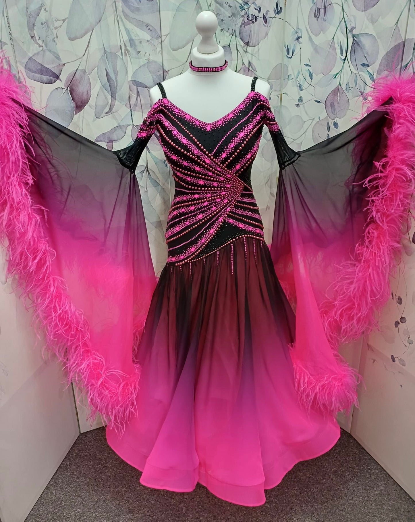61B TWD ELITE Flo Pink & Black striking Competition Ballroom/Sequence dance dress. Ombré Pink & Black skirts with Flo pink ostrich feather trim bell sleeves. ❤️Showroom Appointments Available❤️