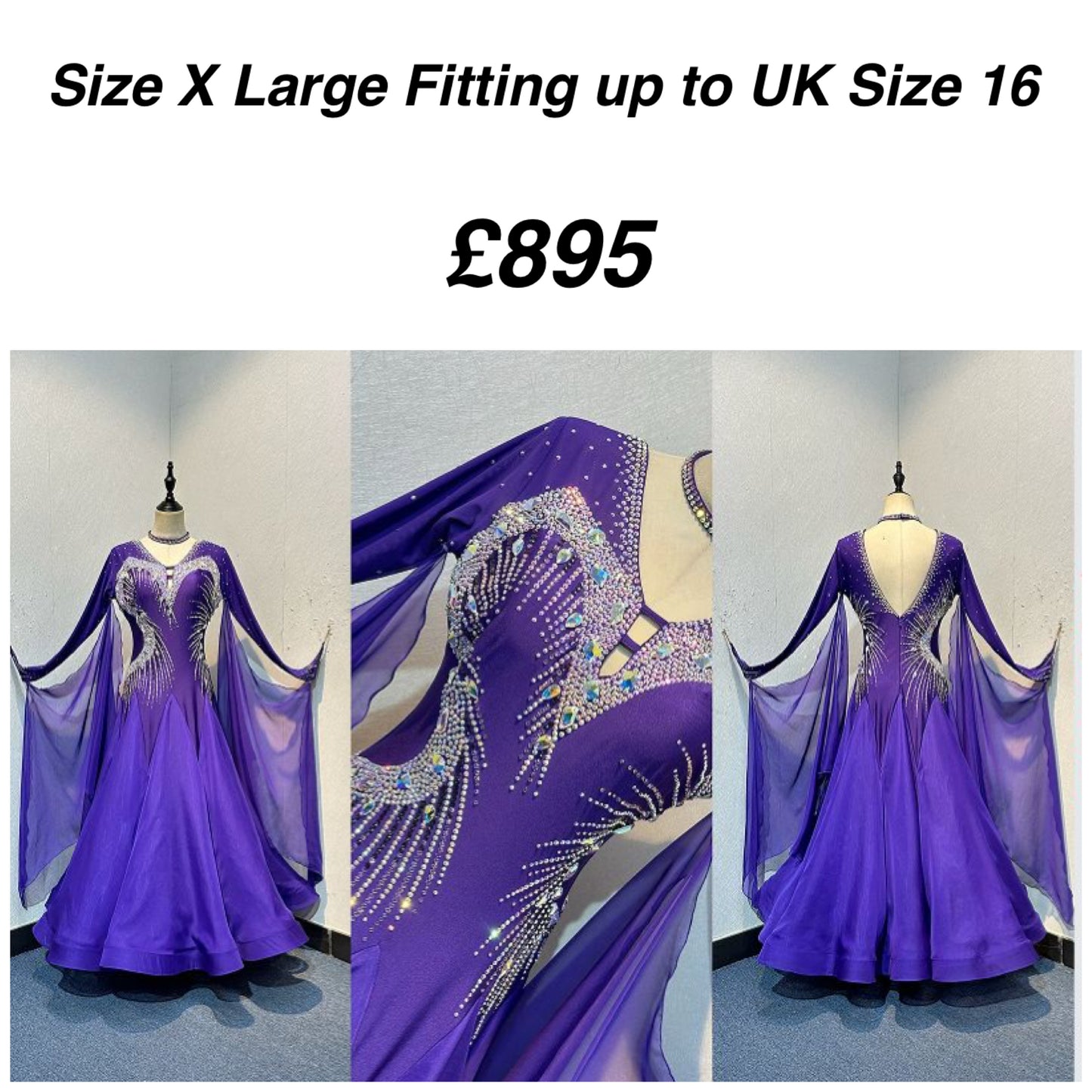 040 Cadbury Purple Competition Ballroom Dance Dress. Flattering & Stunning stoning design throughout in AB. Detachable floats