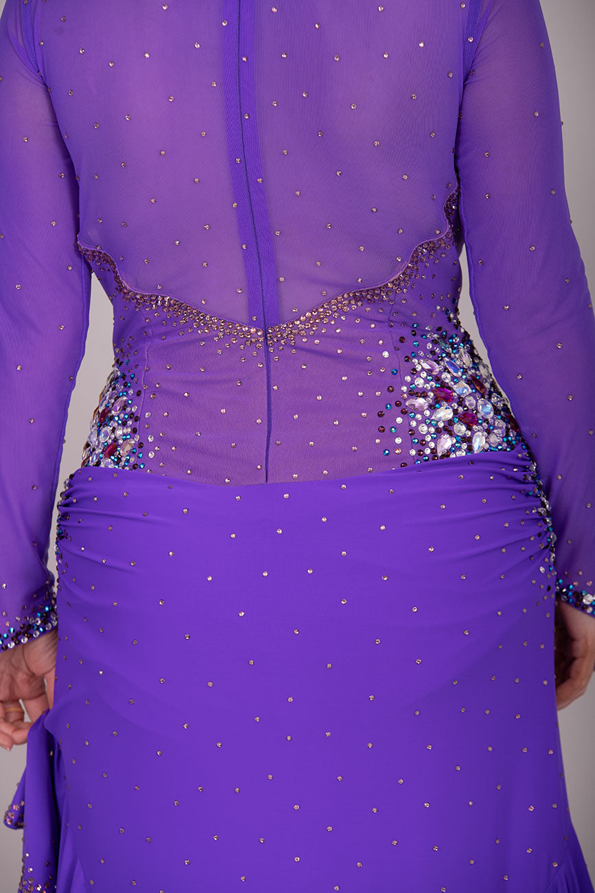 116L Stand Out Purple Competition Latin Dance Dress. Hanging strap detail to the front with stone detail in Purple velvet, AB & light amethyst AB.  High Back to give option of wearing own bra