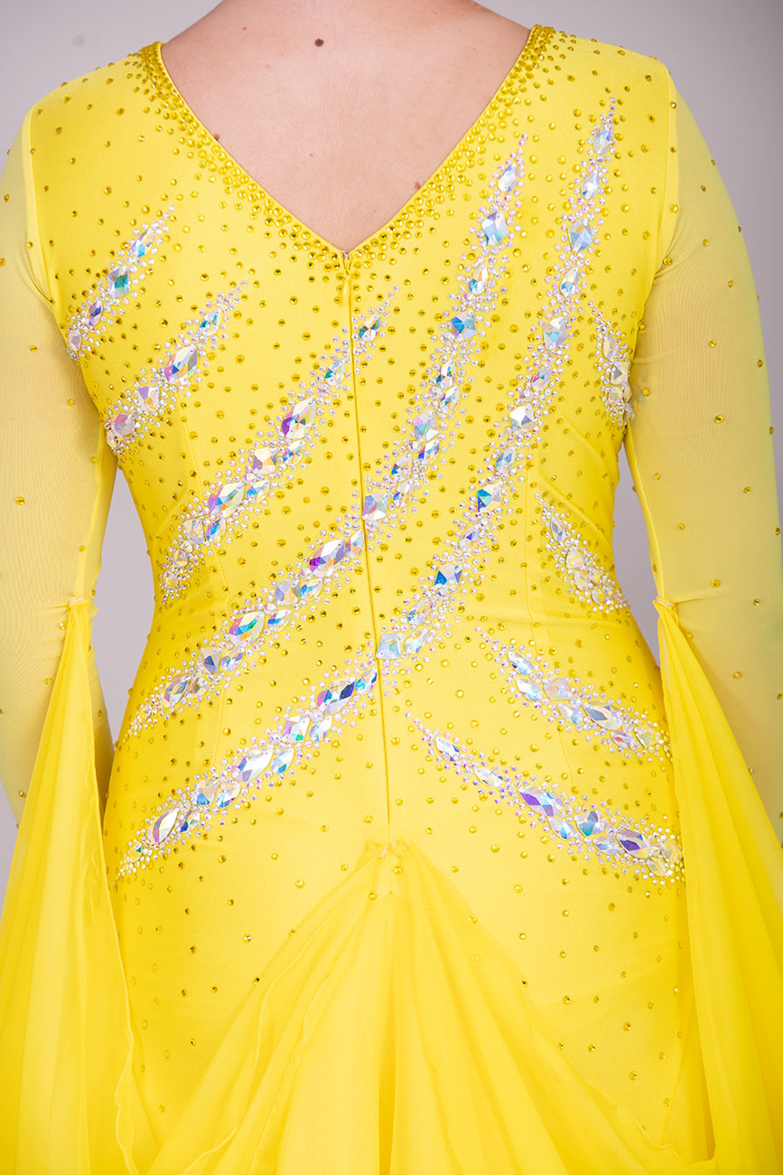 36B Sunshine Yellow Competition Ballroom/Sequence Dance Dress. High Godet at the front giving a flattering tummy look & stone design in AB. High back giving own Bra Options Detachable Floats