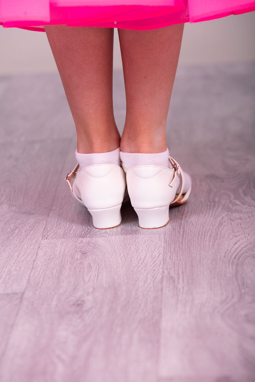 (4) TWD “LULAH” Children’s Ballroom Shoes. White Lattice Design or White with Diamanté Buckle Detail. Each Pair of Shoes comes Boxed & Includes a “Pink Shoe Bag” & pair of plastic feet protectors for trying the Shoes on for Size, Fit & Comfort.