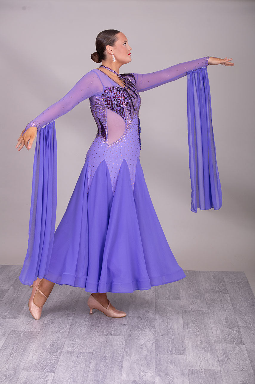 128 Lilac Ballroom Dress with detachable floats. Detailing to the front chest & Back stoned in Amethyst, Light Amethyst & Purple