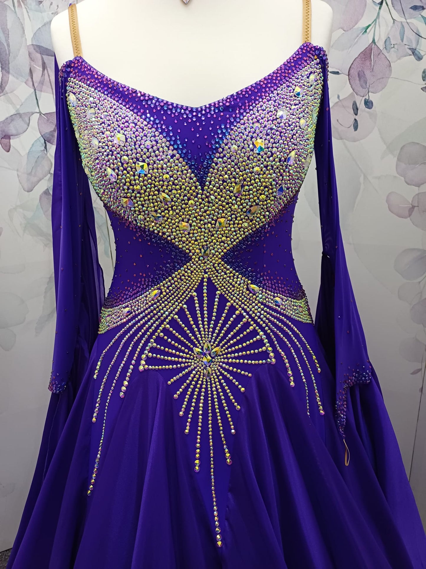 62B TWD ELITE & PETITE New fuller skirts. Purple Competition Ballroom/Sequence Competition dance dress. Heavily stoned in AB & Purple. Detachable floats.