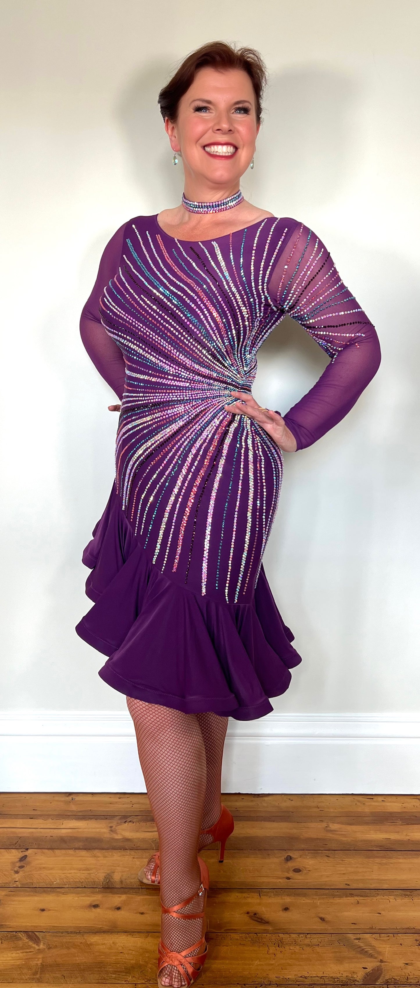 171 Stand Out Striking Plum Latin Dance Dress. Heavily stoned in AB, plum AB & Light aquamarine. Very full frill giving maximum movement. High back giving option to wear own bra.