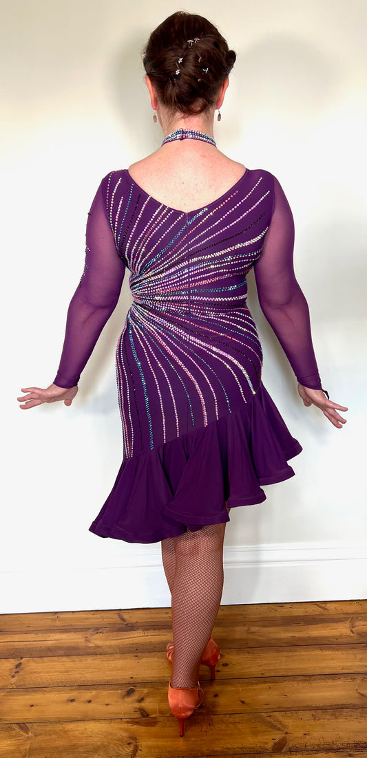 171 Stand Out Striking Plum Latin Dance Dress. Heavily stoned in AB, plum AB & Light aquamarine. Very full frill giving maximum movement. High back giving option to wear own bra.