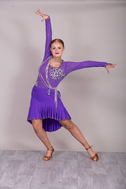116L Stand Out Purple Competition Latin Dance Dress. Hanging strap detail to the front with stone detail in Purple velvet, AB & light amethyst AB.  High Back to give option of wearing own bra
