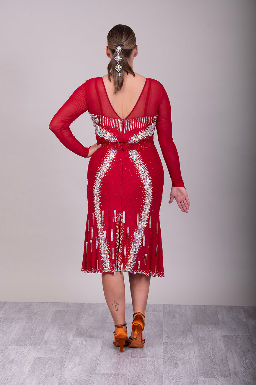 066 Wine Competition Latin Dance Dress. Heavily stoned in AB & Dark Siam Stones. Comes with optional belt.