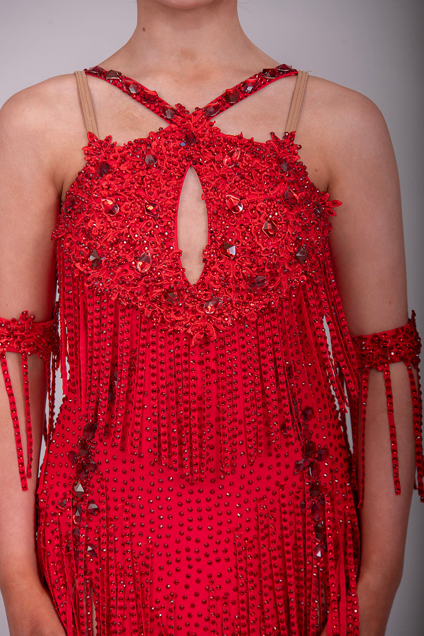 21L Red Latin Competition Dance Dress. Heavily stoned in Red with stoned fabric tassels & adjustable straps