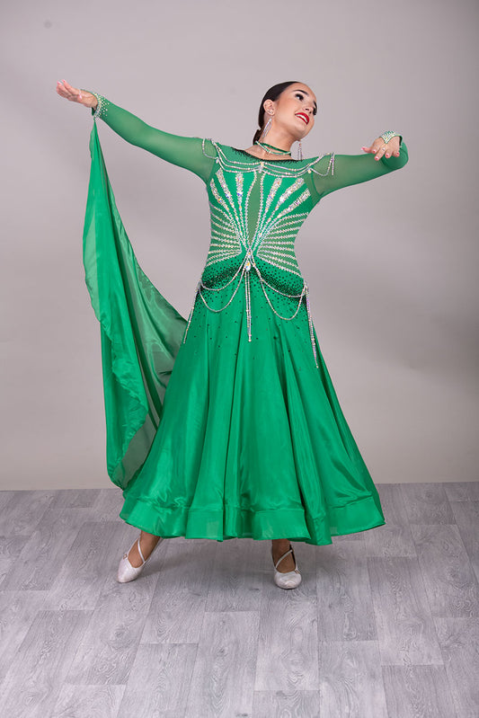 48B TWD “PETITE” Green Competition Ballroom Dance Dress. Beautiful hanging strap detail throughout. Stunning bodice design in AB & Emerald. ❤️Showroom Appointments Available❤️