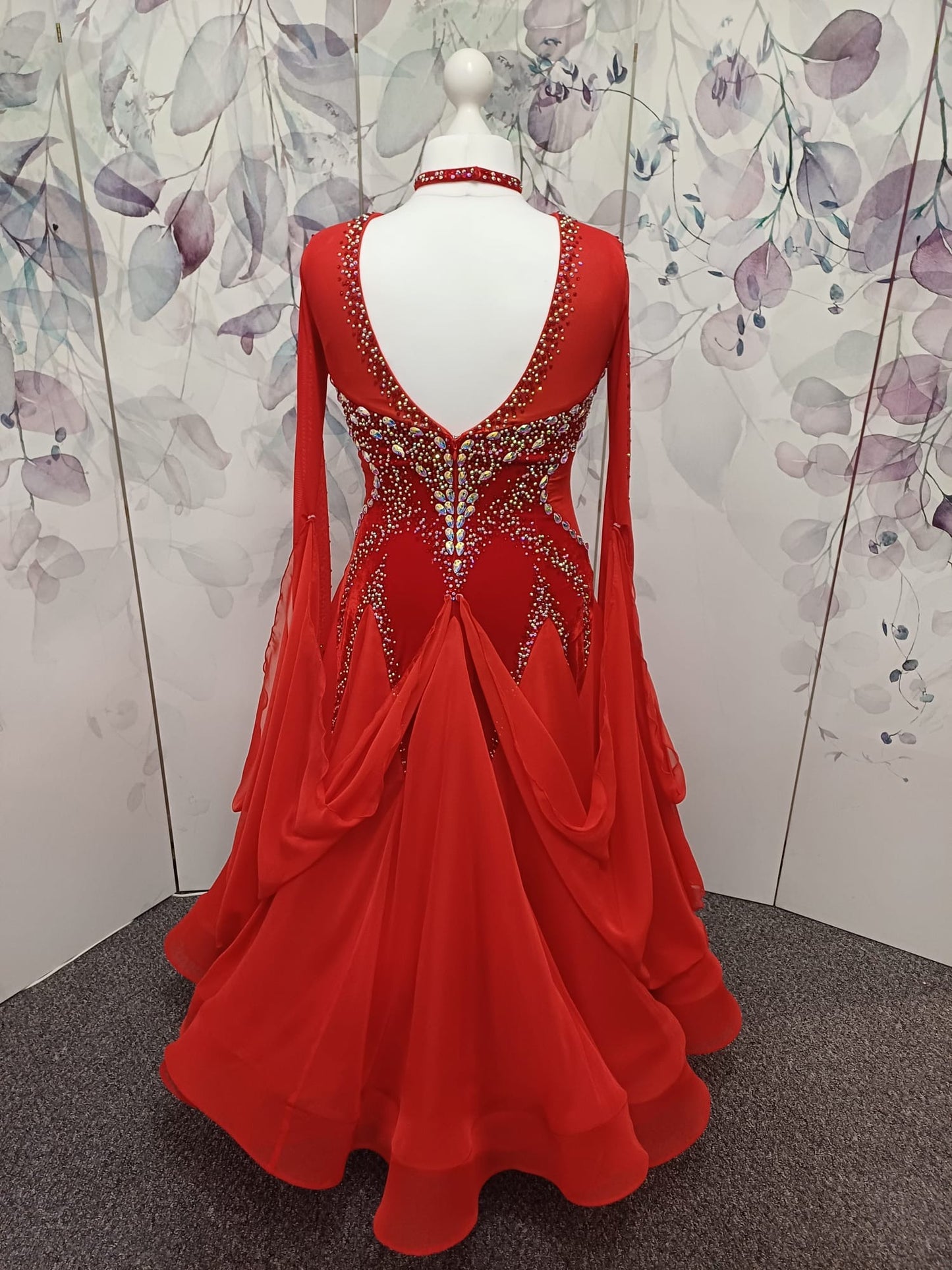 055 Red Competition Ballroom Dance Dress. Red Velvet Panels to the bodice. Heavily decorated in Siam & AB