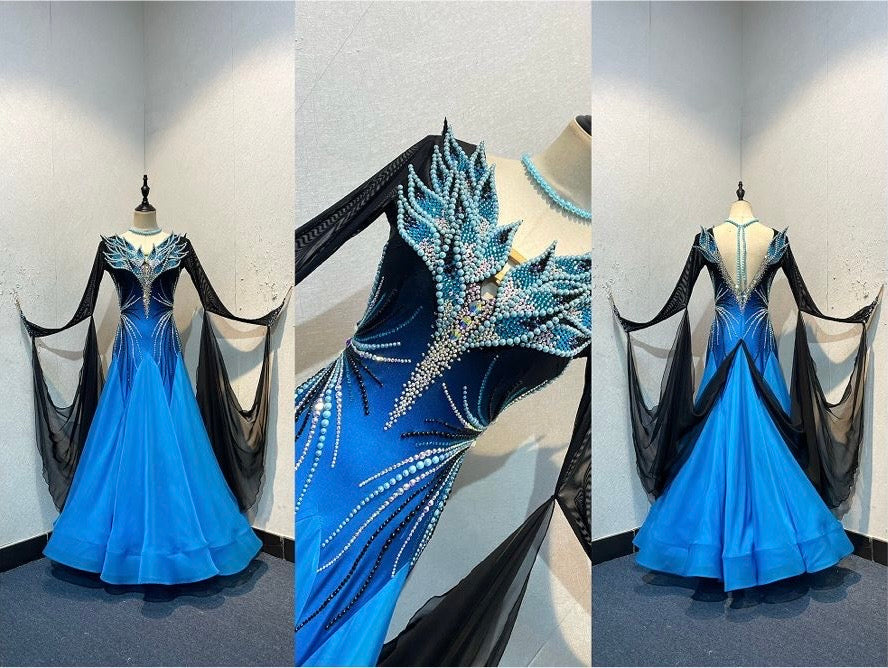47B TWD ELITE Stunning Black & Blue Ombre Competition Ballroom/Sequence Dance Dress. Decorated with Pearls, AB, Jet & Aquamarine stones. Pearl necklace with hanging pearl strings. ❤️Showroom Appointments Available❤️