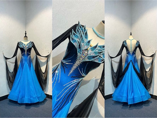47B TWD ELITE Stunning Black & Blue Ombre Competition Ballroom/Sequence Dance Dress. Decorated with Pearls, AB, Jet & Aquamarine stones. Pearl necklace with hanging pearl strings. ❤️Showroom Appointments Available❤️