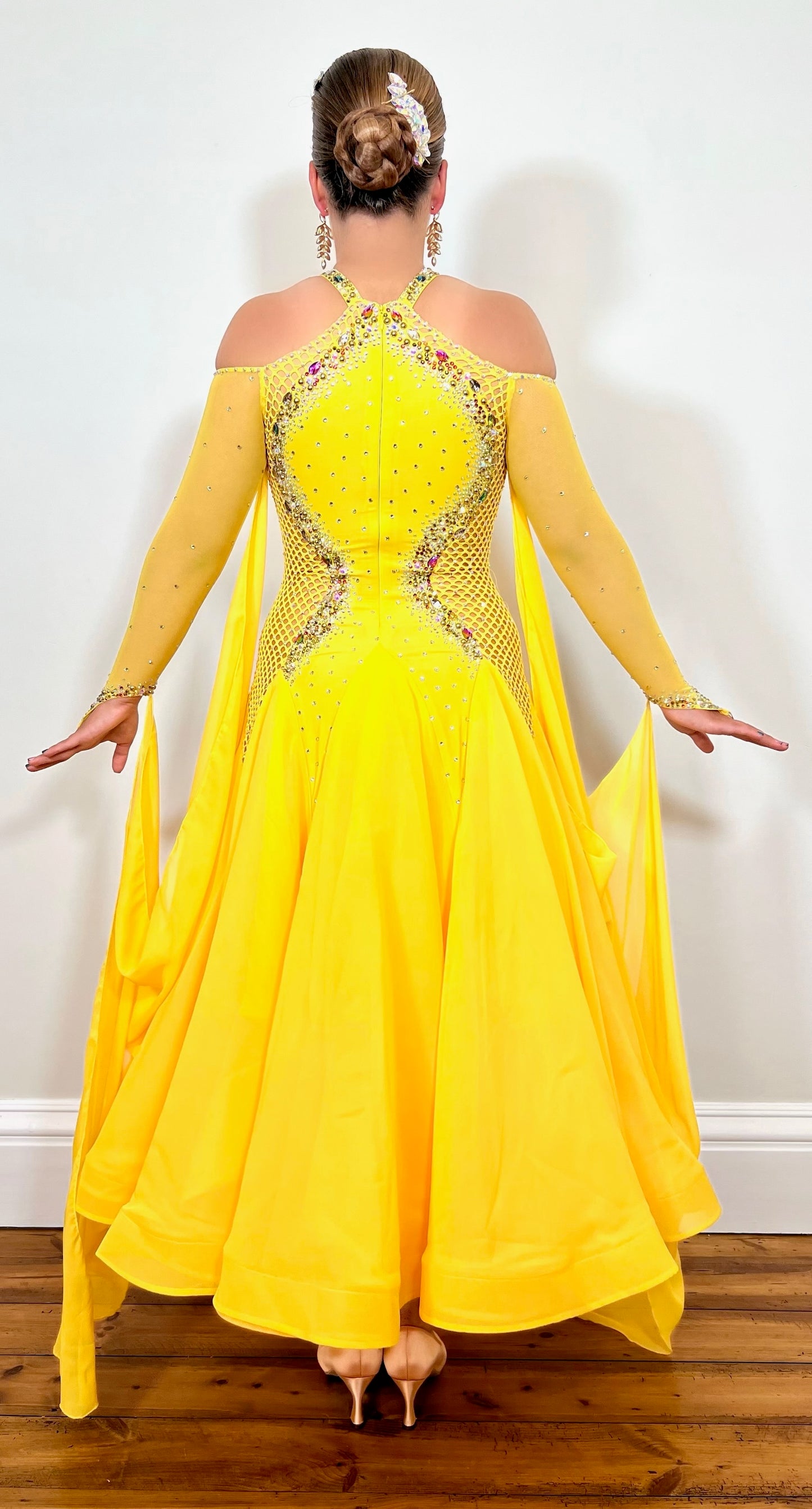 223 Yellow Fishnet Panel Dress halter neck style Ballroom Dress. Cold shoulder sleeves with high back.