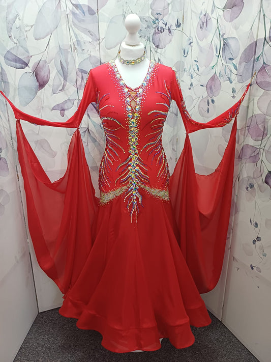 59B TWD PETITE Beautiful Red Competition Ballroom/Sequence Dance Dress. Stoning in AB, Light Siam & Jet. ❤️Showroom Appointments Available❤️