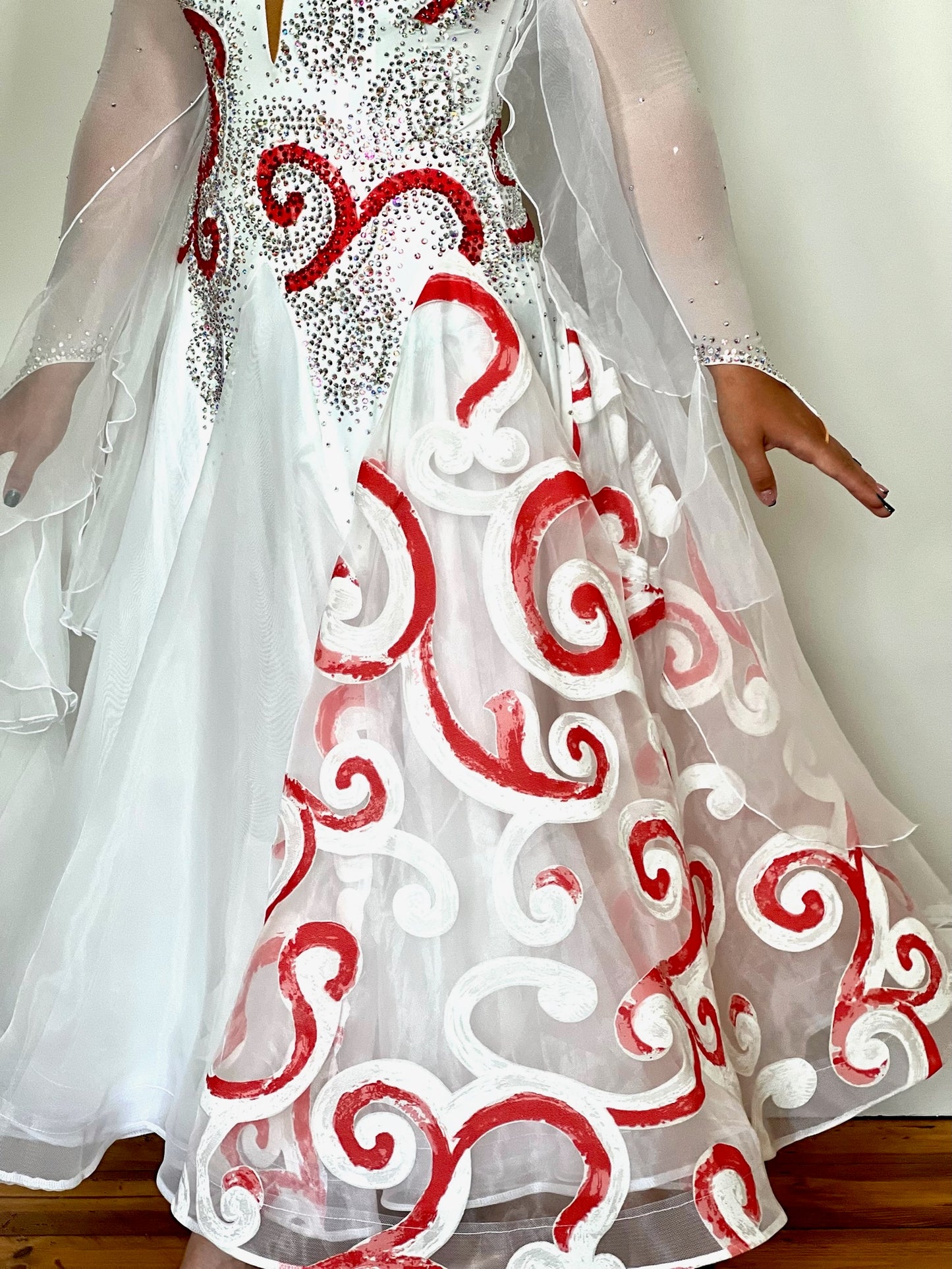 326 White & Red Tie Dye Detailed Ballroom Dress. Decorated with Siam and AB Stones with organza floats.