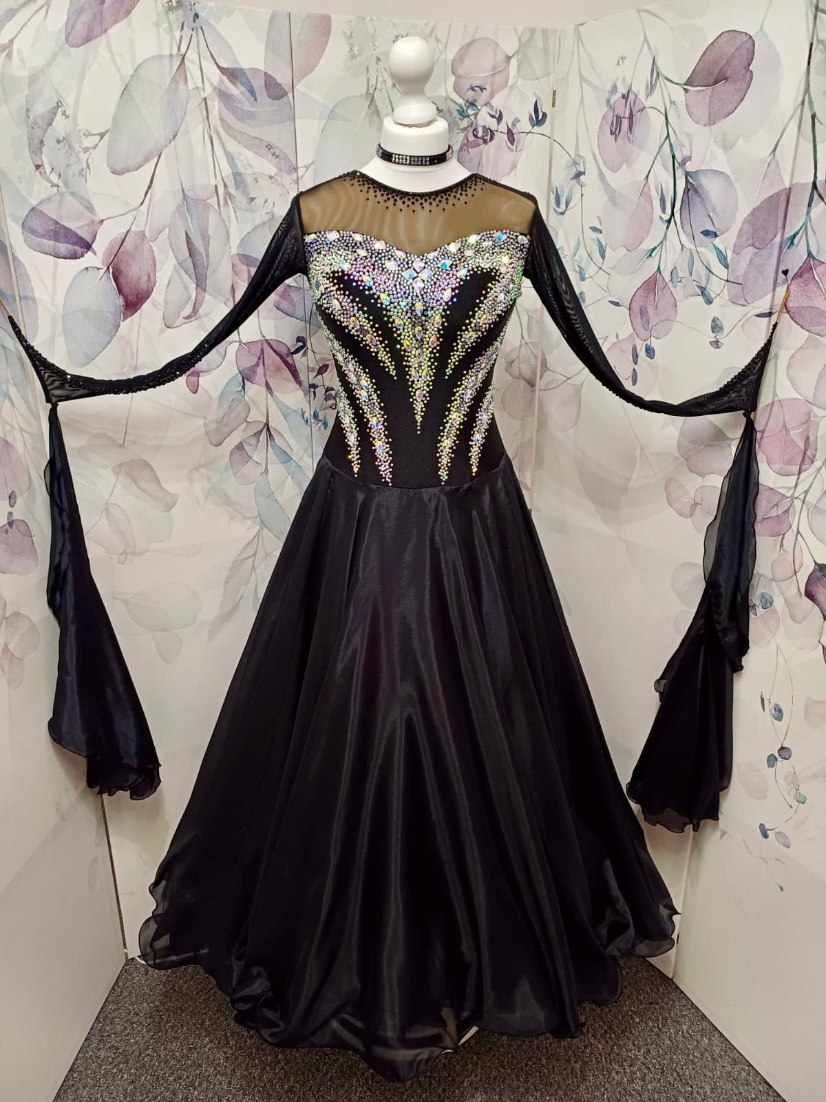 042 Black Ballroom/Sequence Competition Dance Dress. Heavily stoned in AB with detachable floats.