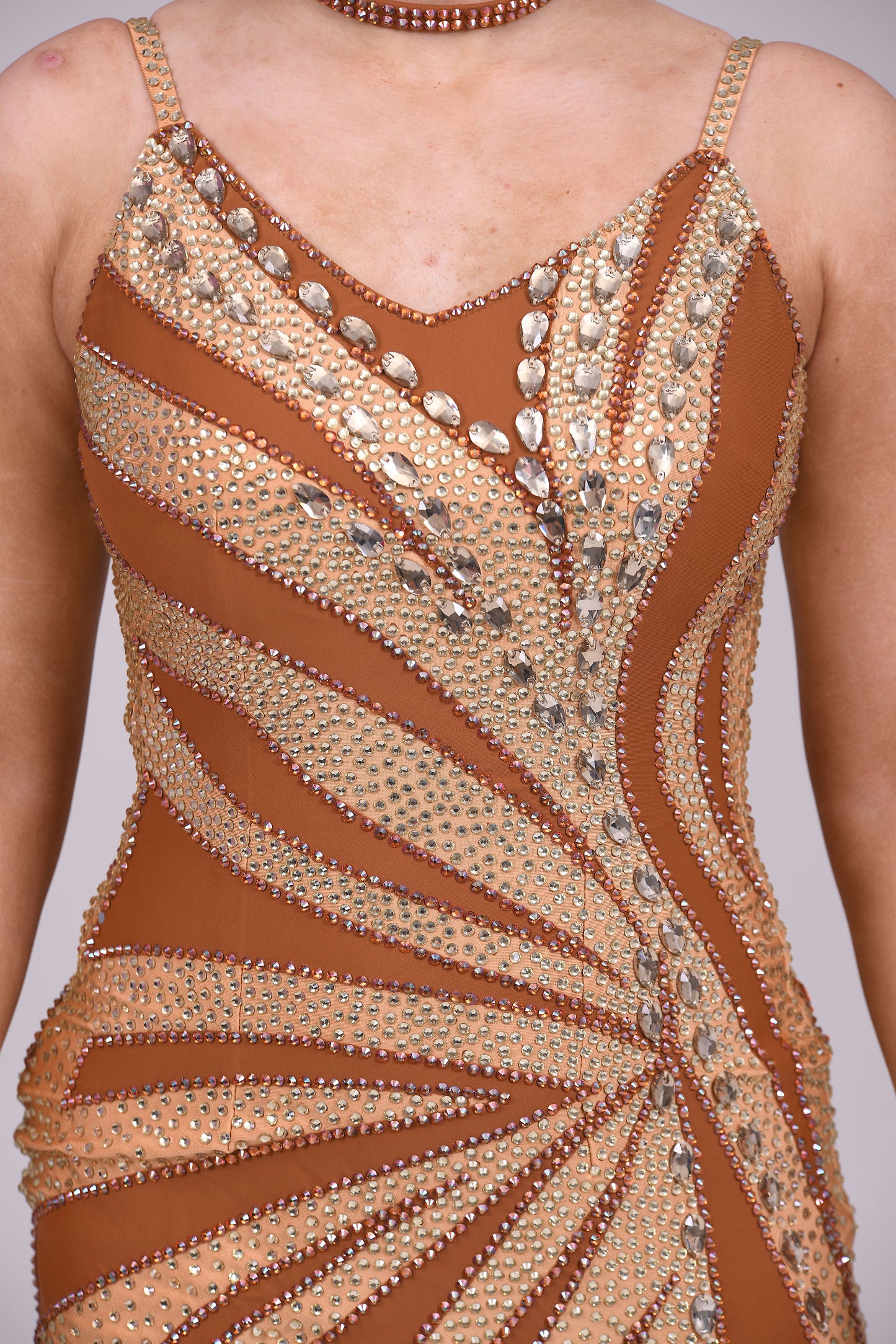 116 Coffee & Tan Latin Dress. Multi splits to the hemline with matching fringes. Stoned in Sunshine, Aurum & Topaz