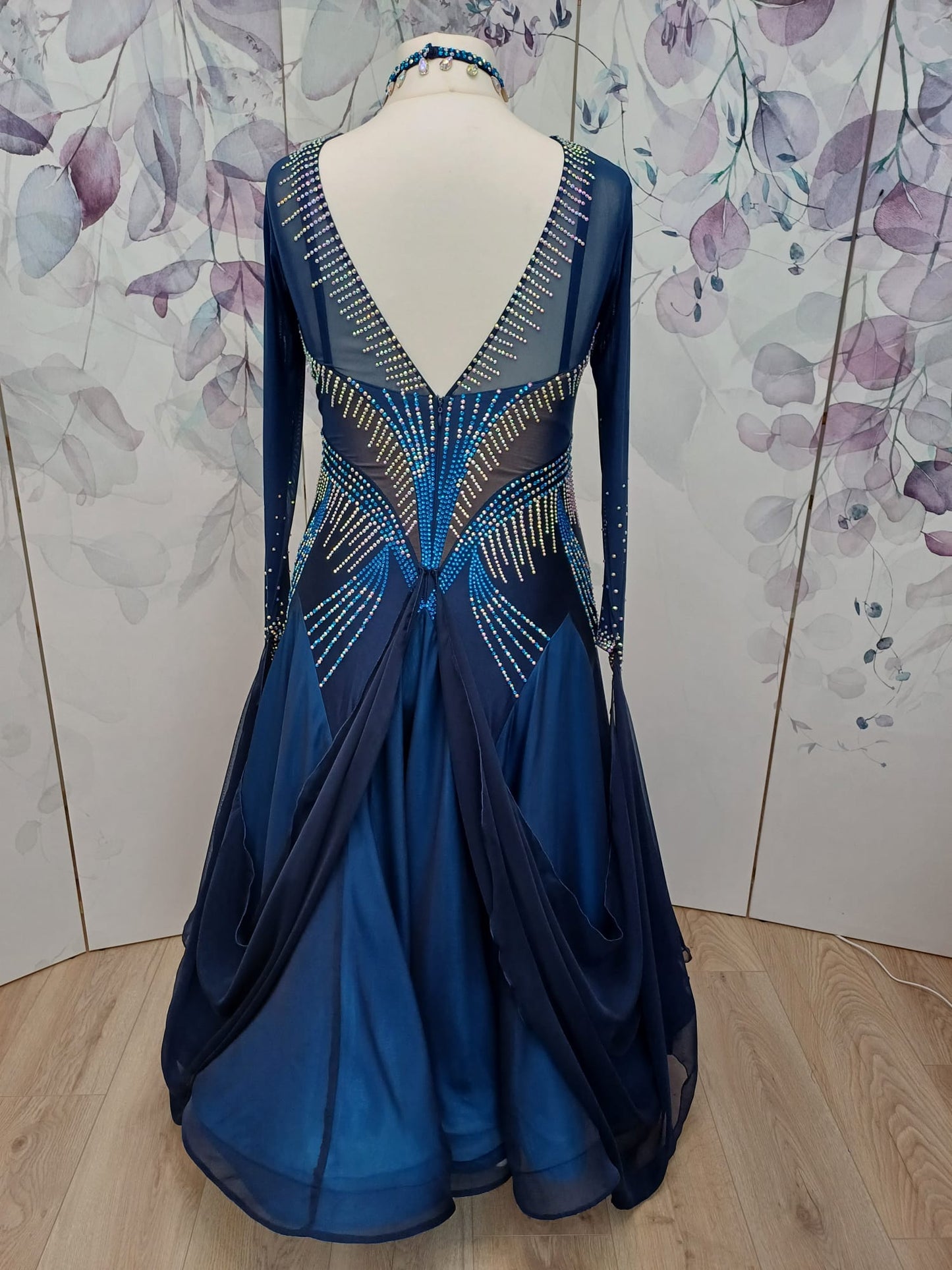 263 Midnight Blue Ballroom Dance  Dress. Heavily stoned in AB, Capri Blue AB & Capri Blue. Detachable floats