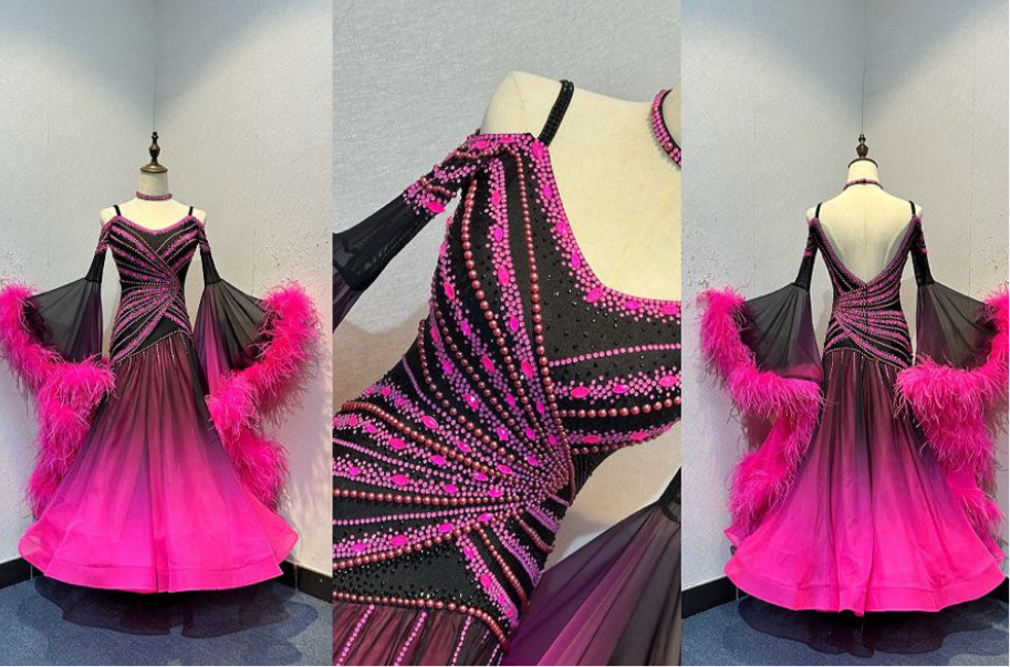 61B TWD ELITE Flo Pink & Black striking Competition Ballroom/Sequence dance dress. Ombré Pink & Black skirts with Flo pink ostrich feather trim bell sleeves. ❤️Showroom Appointments Available❤️