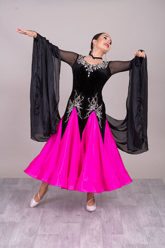 49B Striking Black Velvet & Pink Competition Ballroom Dance Dress. Beautiful stoning pattern in AB & jet. High back giving option to wear own bra. ❤️Showroom Appointments Available❤️