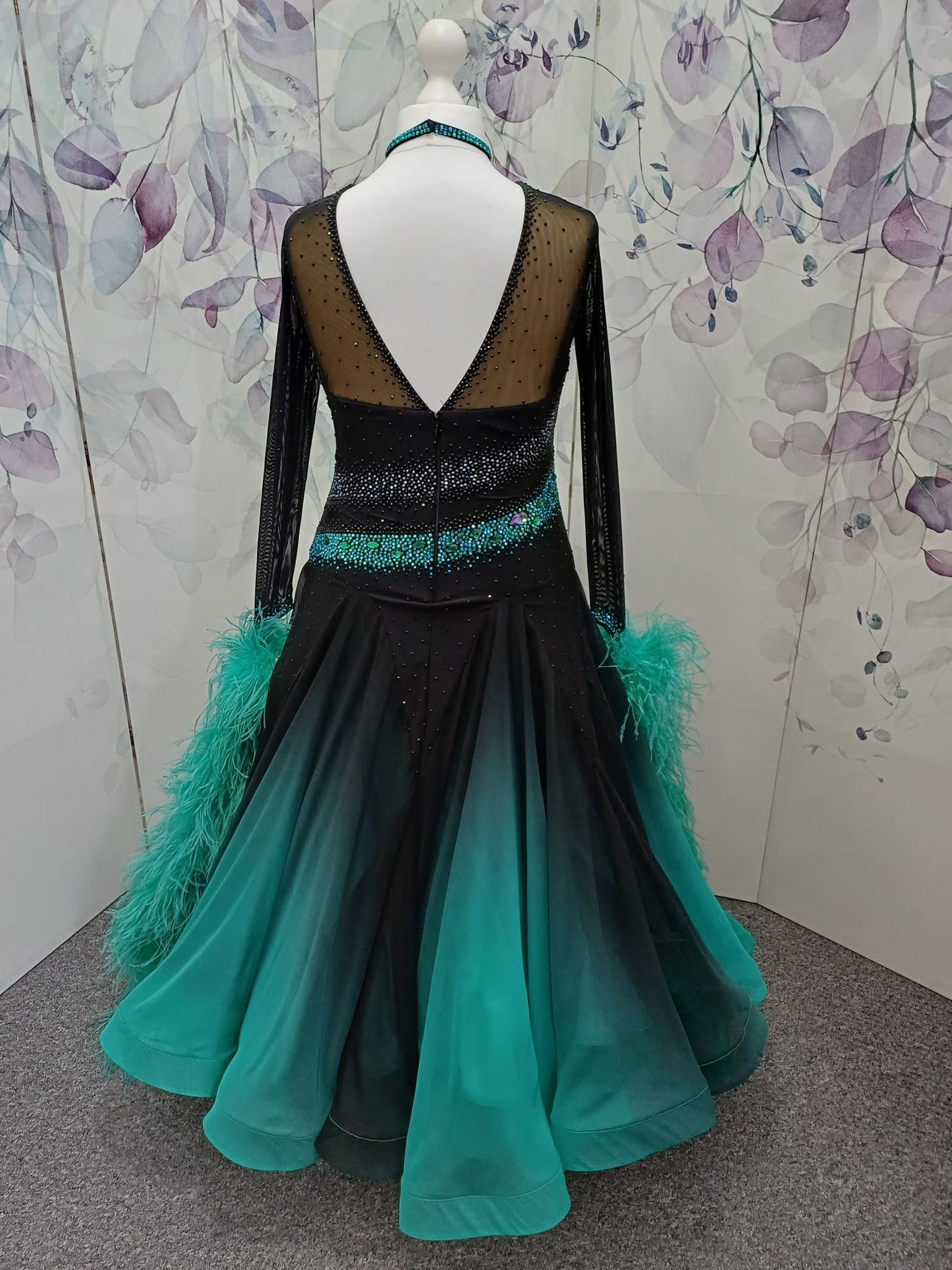 70B Stunning Black & Blue Zircon Competition Ballroom Dance Dress. Heavily stoned in Blue Zircon & jet with detachable Ostrich boa floats. ❤️Showroom Appointments Available❤️