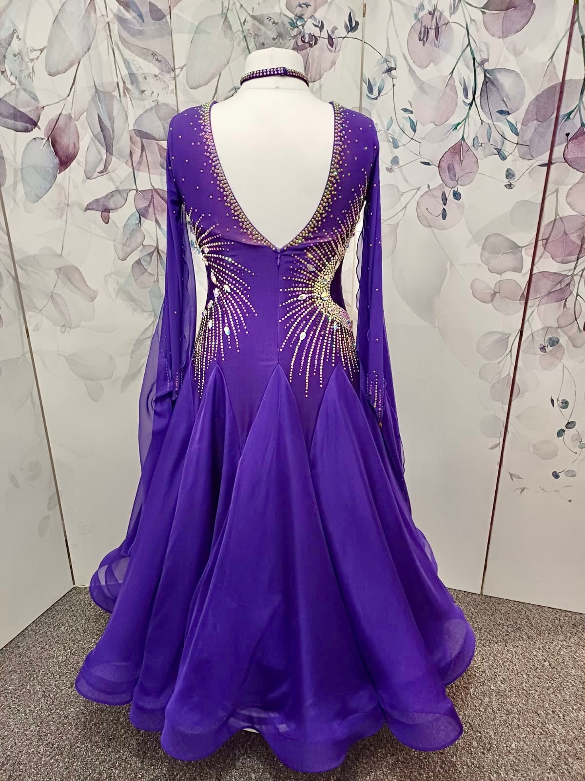 040 Cadbury Purple Competition Ballroom Dance Dress. Flattering & Stunning stoning design throughout in AB. Detachable floats