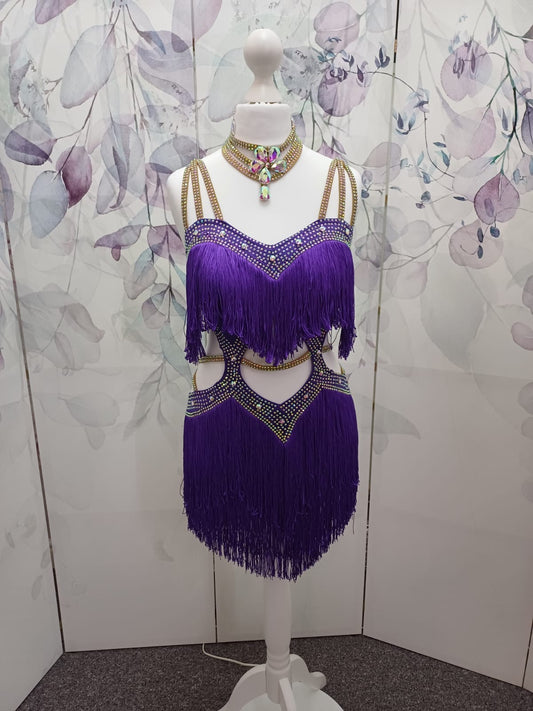 (BUDGET)16Purple Latin Competition Dance Dress.Full Fringed Skirts with shoulder & waist detailing.2 Bangles included.                                     *****Our New Budget Range are Bought in ready made Costumes, with some detail added by TWDance*****