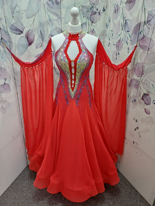 61B Bright Red Competition Ballroom/Sequence Dance Dress. Open detailing to the centre front, heavily stoned in Light Siam, AB & Siam AB. Beautiful Key hoke detail at neck. ❤️Showroom Appointments Available❤️