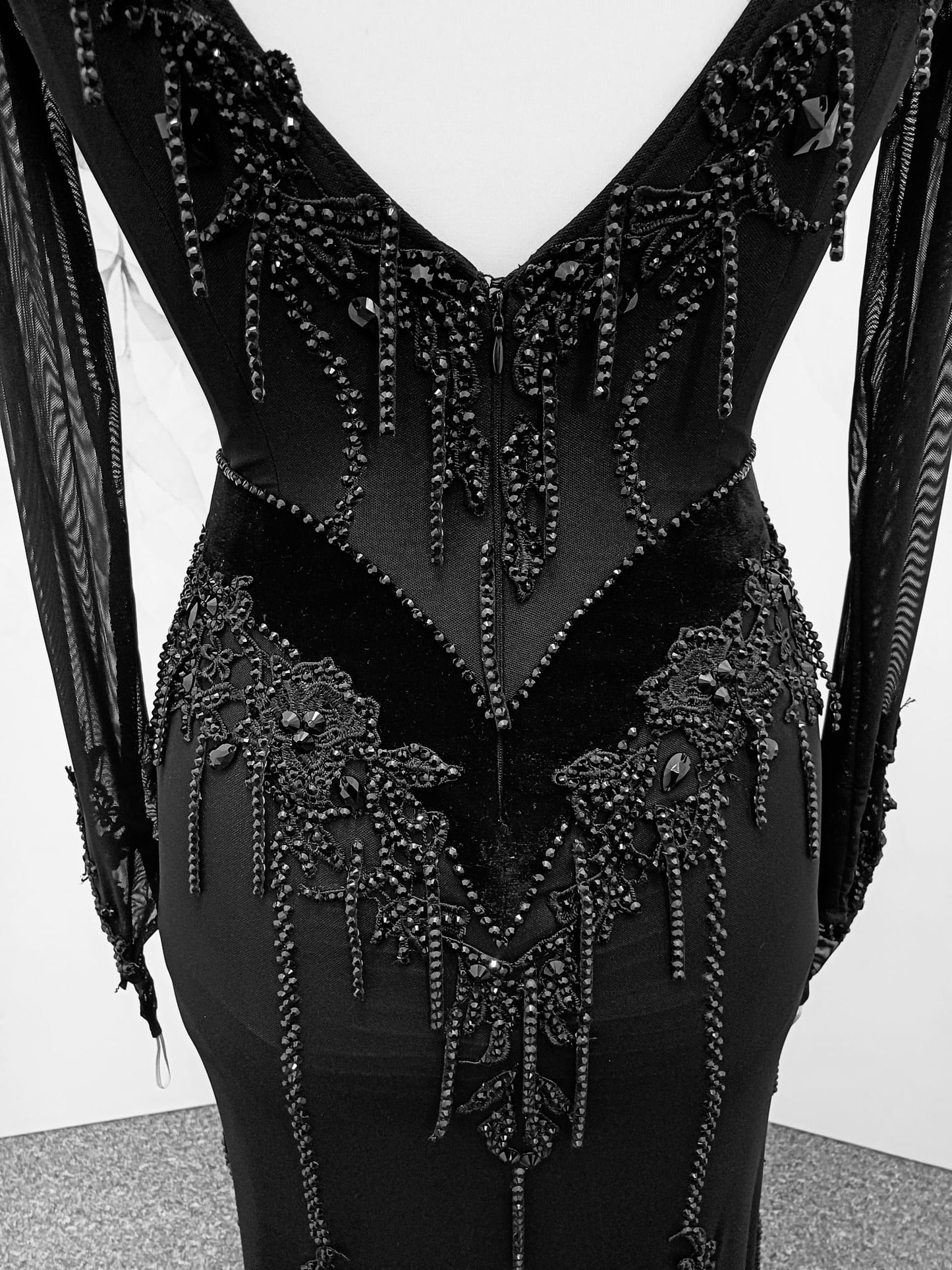 50L Black mesh on Lycra Competition Latin Dance Dress. Stunning beading & stone details throughout. ❤️Showroom Appointments Available❤️
