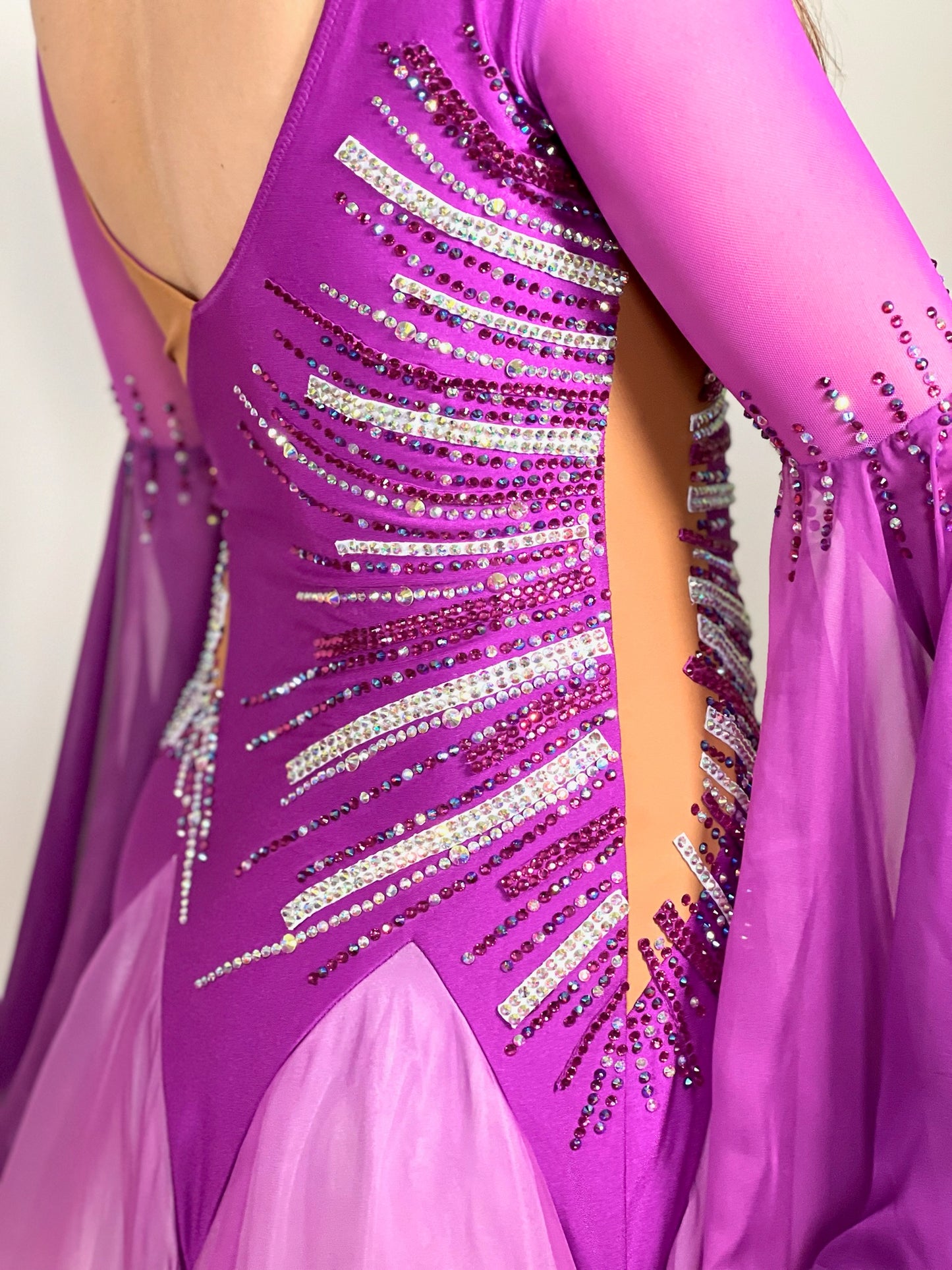 055 Bright Magenta & White Competition Ballroom Dress. Ombré Bell sleeve detail. Stoned in Rose, Rose AB & AB