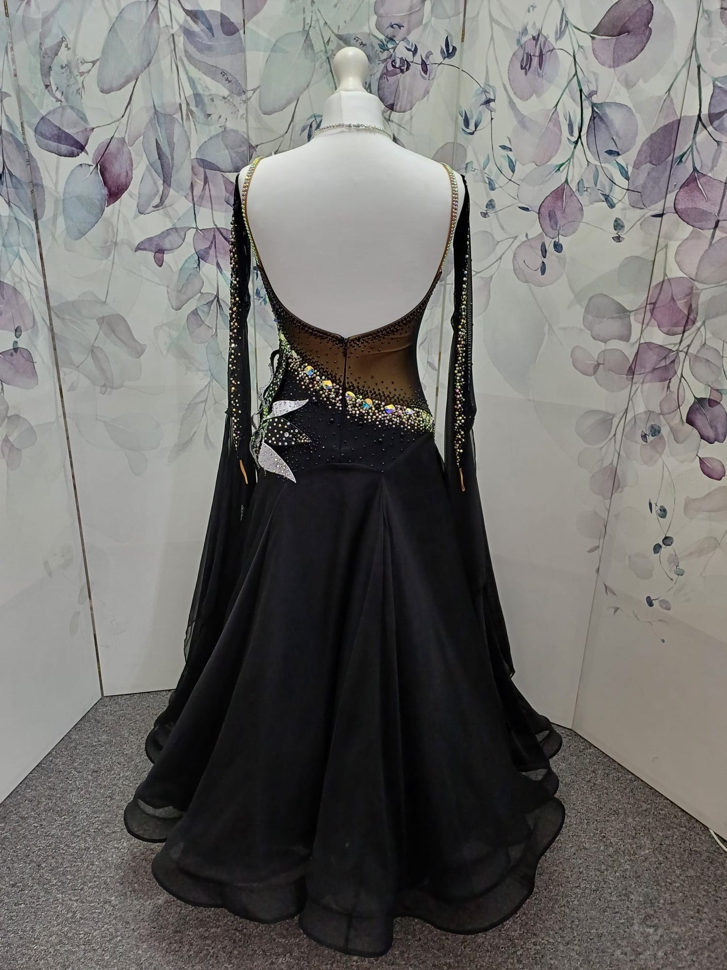 58B Gorgeous Black Ballroom/Sequence Competition Dance Dress. 3D Design to right side of bodice. Heavily stoned in jet & AB. ❤️Showroom Appointments Available ❤️