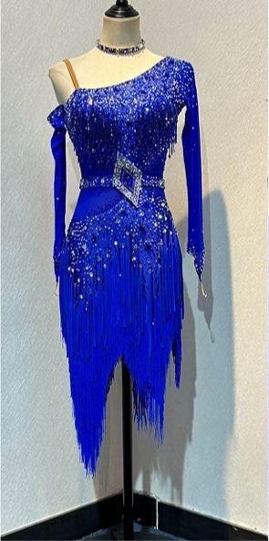 129L Royal Blue Competition Latin Dance Dress. 1 Shoulder detail & optional belt. Stoned in AB & Sapphire. ❤️Showroom Appointments Available❤️