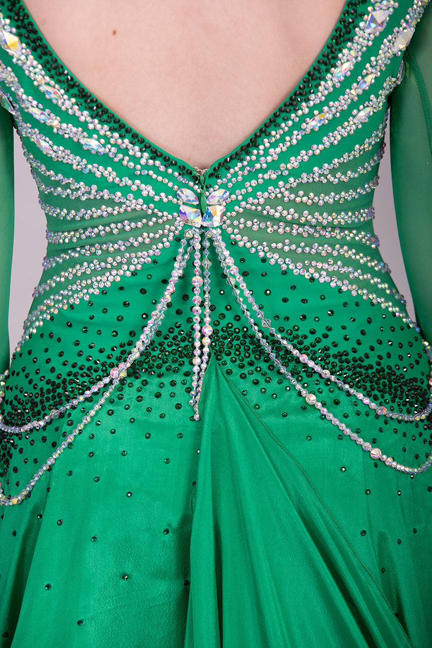 48B TWD “PETITE” Green Competition Ballroom Dance Dress. Beautiful hanging strap detail throughout. Stunning bodice design in AB & Emerald. ❤️Showroom Appointments Available❤️
