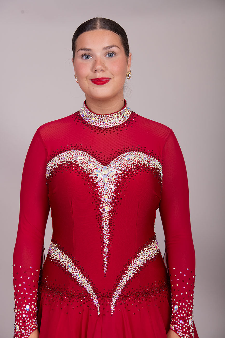 28B “TWD ELITE” New Fuller Skirts/Underskirts with flattering design in Red Heavily stoned Ballroom/Sequence Competition Dance Dress. Stoned in AB & Red, Detachable Floats. High back giving option to wear own Bra