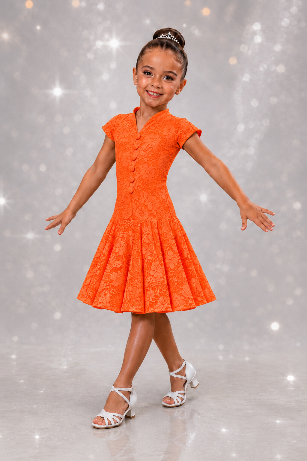 139J Bright Orange Lace 1 Piece Latin Dress. Competition Number Wallet & Decorative Pins & Matching Hair Flower **Everything included in Price when full set purchased** (Copy)