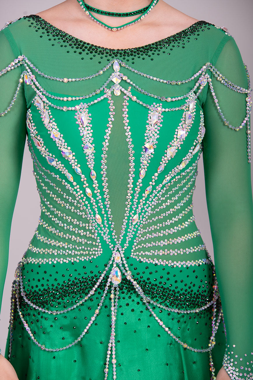 48B TWD “PETITE” Green Competition Ballroom Dance Dress. Beautiful hanging strap detail throughout. Stunning bodice design in AB & Emerald. ❤️Showroom Appointments Available❤️